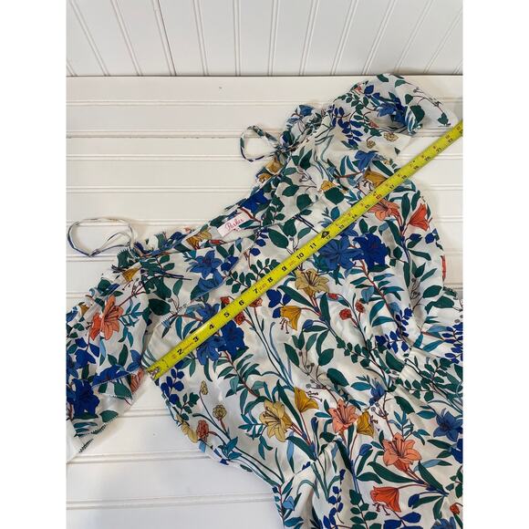 Parker Silk Cold Shoulder Floral Midi Dress Womens Size M Blue Asymmetrical - Picture 7 of 8